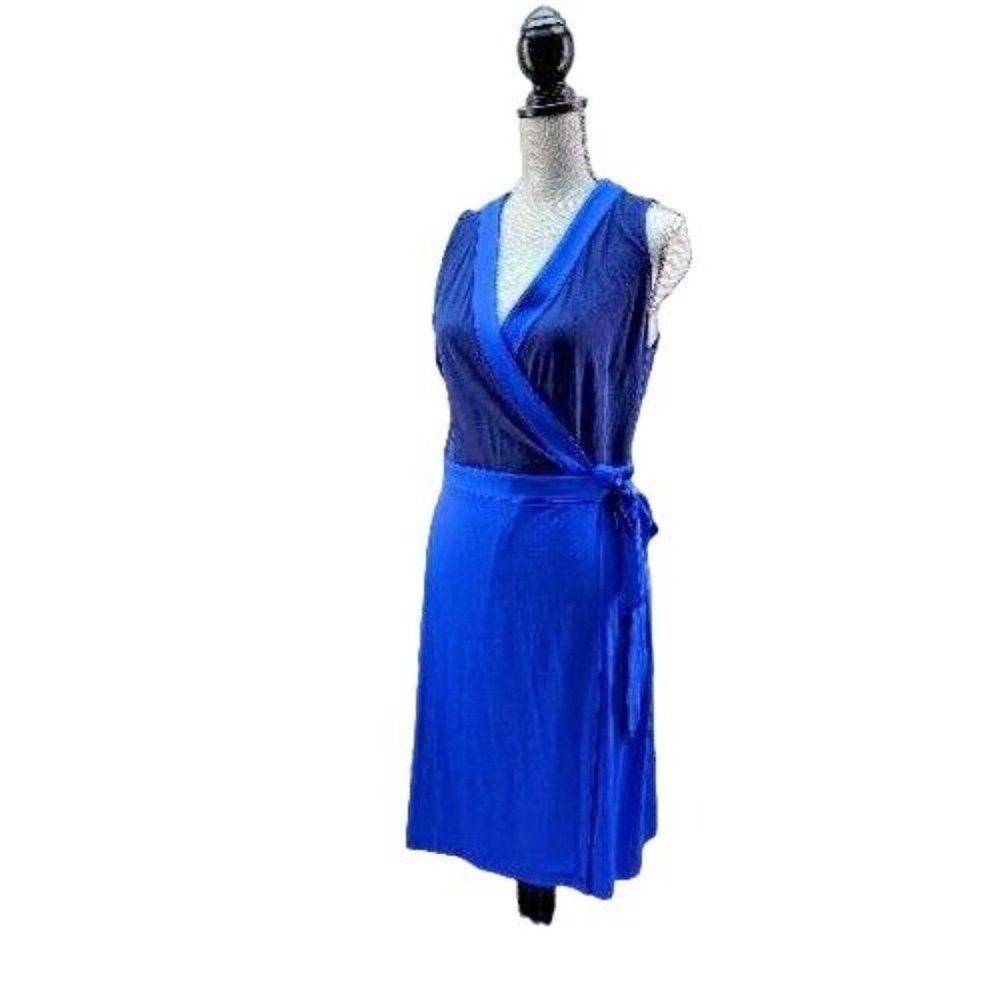 Ann Taylor Wrap Dress Womens Medium Blue Color Block Stretch Knit Sleeveless
